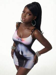 Amplova Women's Sexy Spaghetti Strap Dress With Human Body Print, Avant-Garde Style Suitable For Music Festivals - Multicolor - View 5