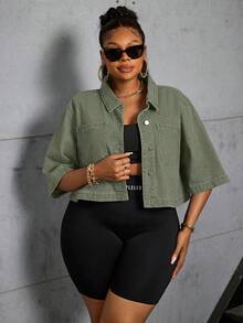 Slaydiva Plus Size Women Denim Jacket, Short, Non-Stretch, Sexy - Army Green - View 2