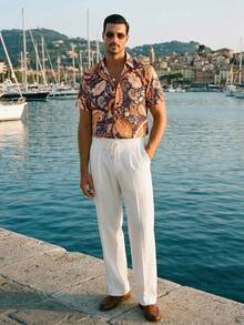 HIMLAND 男士休闲腰果印花单排扣短袖衬衫和裤子套装，日常穿着 - 彩色 - 查看 9