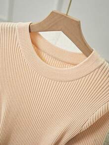 Franclia Women's Elegant Fitted Round Neck Short Sleeve Slit Decorative Button Knit Dress, Summer - Khaki - View 6
