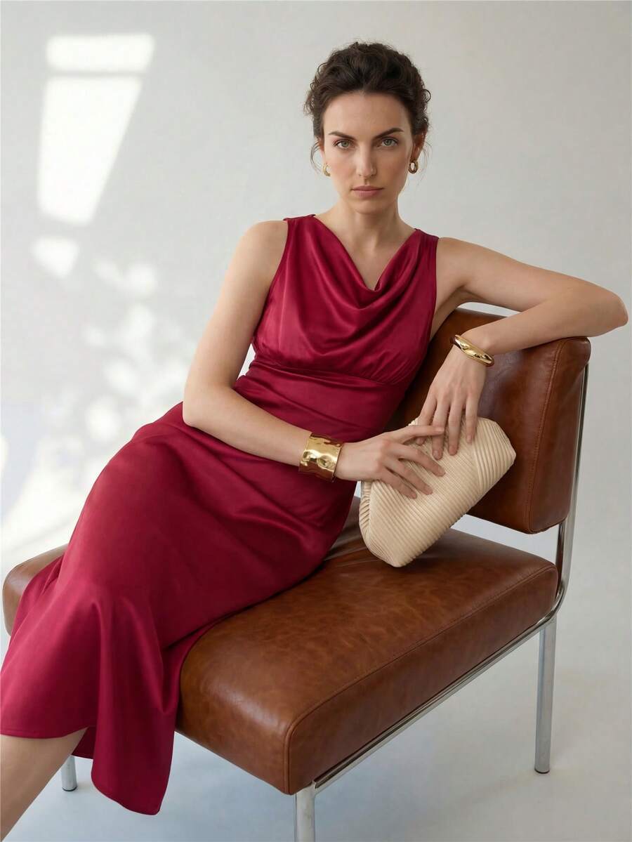 Uhlyne Uhlyne Sleeveless V-Neck Midi Dress, Elegant Fitted Style For Women, Suitable For Wedding Season - Burgundy - View 1