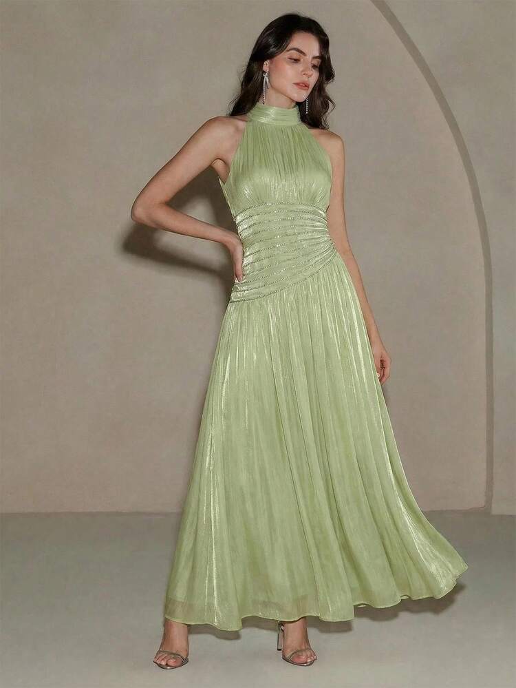 Women's Summer Round Neck Beaded Chain Pleated Waist Shiny Party Elegant Vacation Dress