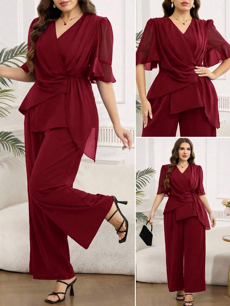 SHEIN Clasi Plus Size Women V-Neck Pleated Top And Wide Leg Pants Casual 2 Pieces Set - Burgundy - View 1
