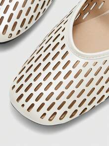 CUCCOO BIZCHIC Spring And Summer Beige Laser Hollow Square Toe Word Belt Comfortable Soft Simple Commuter Women's Flat Shoes - Chantilly - View 5