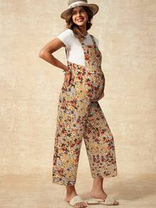 Boho Mama 孕妇休闲碎花连体裤，适合春、夏、秋季穿着。 - 卡其色 - 查看 3