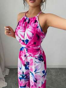 Elenzga Bộ jumpsuit nữ thanh lịch không tay, dây mảnh, xếp ly, thắt eo, họa tiết hoa. - Nhiều màu - Xem 7