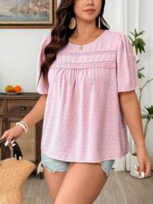 Weeklong Plus Size Women's New Elegant Casual Swiss Dot Textured Lace Trim Round Neck Puff Sleeve A-Line Blouse - Baby Pink - View 5