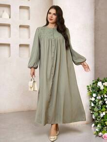 Veilorie Plus Size Women Elegant Solid Color Long Sleeve Arabic Style Dress - Green - View 6