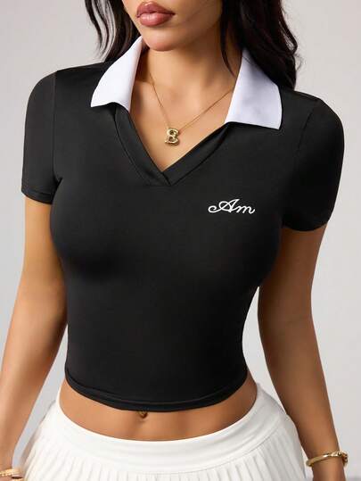Dewbera Women's Basic Polo Shirt With Contrast Collar, Suitable For Sports, Yoga, Outdoor Fitness