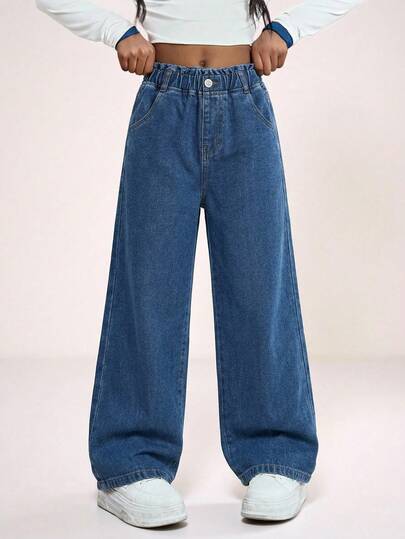 SHEIN Vintaside Kids Tween Girl Casual Boho Holiday Paperback Waist Flat Pockets Wide Legs Jeans, Girls Daily OOTD Outfits
