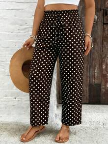 SHEIN VCAY 大码休闲波点印花松紧腰裤 - 棕色 - 查看 6