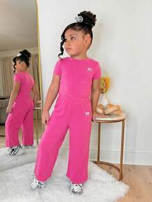 SHEIN 两件套女童蝴蝶结印花针织套装，休闲百搭时尚装扮 - 玫紅色 - 查看 3