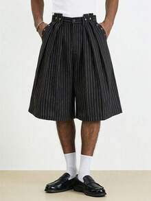 TOKVUE 高腰设计师男士阔腿褶皱宽松休闲短裤，复古阔腿裤，条纹七分短裤 - 黑色 - 查看 1