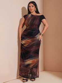 SHEIN BAE Vestido de punto largo con hombro asimétrico y teñido anudado para mujer de talla grande - Multicolor - Ver 10