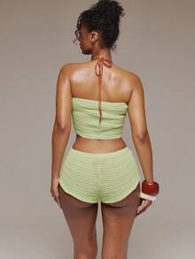 MUSERA 钩针编织修身无肩带露脐抹胸上衣，春夏伊比沙岛音乐节度假可爱性感Y2K夜店热带诱惑 - 綠色 - 查看 2