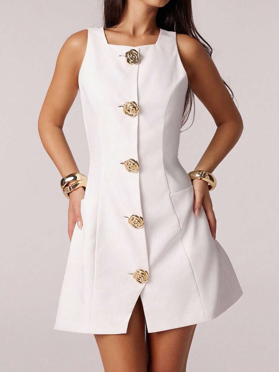 SHEIN Forever 21 Summer New Square Collar Sleeveless Metal Buckle White Commuter Mini Dress For Women - White - View 1