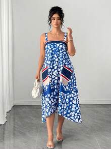 SHEIN Clasi Plus Size All-Over Print Pocket Casual Cami Dress Gym Brown Summer - Multicolor - View 5