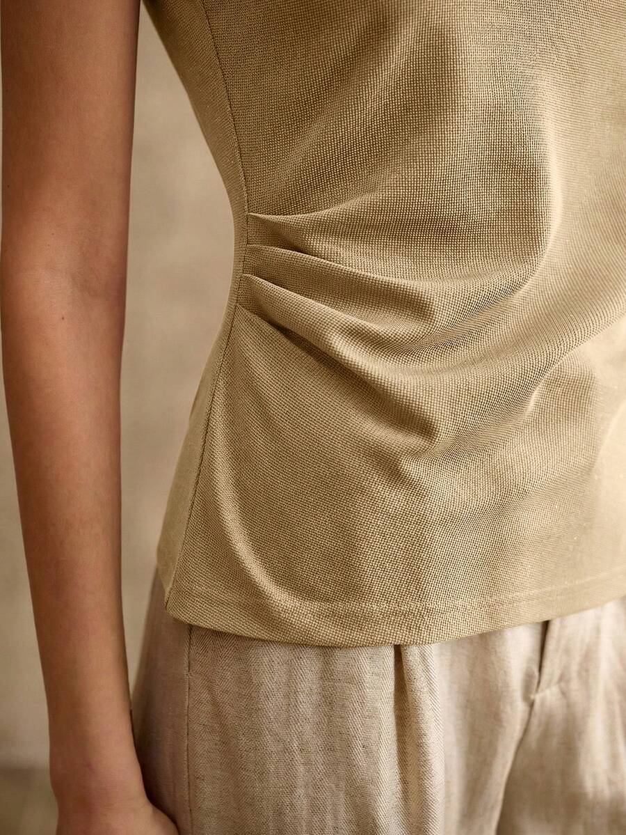 MOTF PREMIUM V-NECK SOLID RUCHED TANK TOP, MINIMALIST CLASSIC, RETRO STYLE, SPRING/SUMMER - Mustard Yellow - View 2