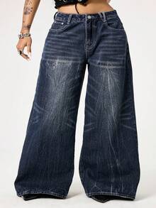 ROMWE Fairycore Quần jeans cỡ lớn kiểu vintage, bạc màu, thêu hình bướm. - Màu xanh hải quân - Xem 3