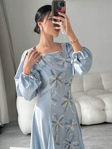 Yasmyna 女士优雅方领阿拉伯风格连衣裙 - 藍色 - 查看 9