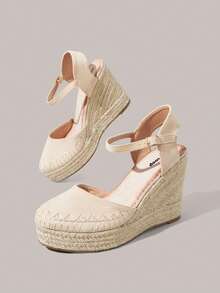 Styleloop 女士斜跟厚底实心圆头编织沙滩度假渔夫凉鞋 - 杏色 - 查看 5