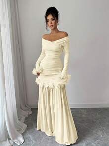 Elenzga New Arrival Spring/Autumn Elegant Romantic Solid Color Ruffle Decor Cross V-Neck Long Sleeve Pleated Fitted Mesh Patchwork Bodycon Dress For Women - Apricot - View 5