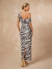 Lumalex White And Black Animal Print,Summer,Elegant Sexy,Party Date Night Night Women's Mesh One Shoulder Ruched Fitted Bodycon Dress For Beach Vacation - Coffee Brown - View 2