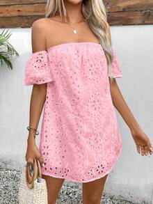 Glamine Gaun Pendek Mini Wanita Warna Polos Musim Panas dengan Bahu Terbuka dan Pola Bordir Berongga, Pakaian Liburan Pantai, Warna Pink Muda Gaya Boho - Berwarna merah muda - View 3