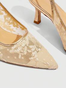 CUCCOO SZL 女士夏季新款刺绣蕾丝尖头猫跟鞋，优雅浪漫杏色蕾丝网面高跟鞋，露跟礼服鞋，婚鞋，约会优雅穿搭，婚礼季晚宴圣诞鞋 - 香檳繡線 - 查看 5