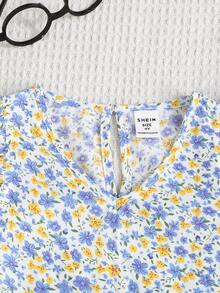 SHEIN Young Girl Ditsy Floral V-Neck Ruffle Casual Blouse - Blue - View 3