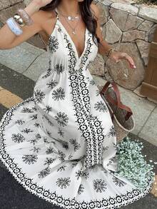 SHEIN Holidaya Elegant Apricot Deep V Neck Sleeveless A Line Long Dress With Plants Pattern And Ruffle Flounce Hem Semi Sheer Woven Fabric - Apricot - View 9