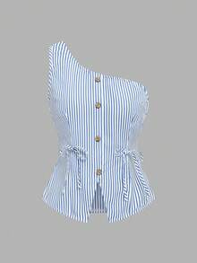 Elenzga Women's Striped Sleeveless Single-Breasted Belted Blouse - Blue and White - View 9