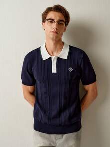 RONVEXI 男士字母刺绣撞色 Polo 领短袖针织衫 - 彩色 - 查看 7