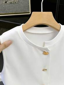 GlowEve Top casual de tirantes de unicolor con cuello redondo y botones delanteros para el verano - Blanco - Ver 5