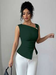 SHEIN Elenzya Áo hai dây ôm sát, màu trơn, trang trí kim loại, cổ áo bất đối xứng. - Màu xanh lá cây đậm - Xem 7