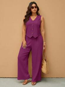 SHEIN Elaquor Plus Size Summer Casual Everyday Commute Solid Color Button Front Tank Top And Pants 2 Pieces Set - Purple - View 4