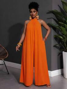 SHEIN CURVE+ Kích cỡ US22 (dành cho người có đường cong cơ thể), thích hợp cho lễ hội âm nhạc, kỳ nghỉ biển, áo liền quần kiểu bohemian cổ yếm màu trơn, phù hợp cho bãi biển và kỳ nghỉ. - trái cam - Xem 3