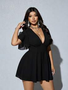 Viva Relle Plus Size Solid Color Deep V-Neck Fashionable Sexy Short Sleeve Jumpsuit - Black - View 2