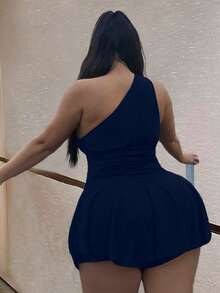 Maweii 夏季大码女式纯色针织性感无袖连体裤 - 藏蓝色 - 查看 2