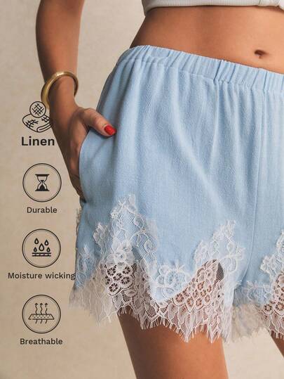 Poéselle Women's Casual Elastic Waist Lace Hem Loose Shorts For Daily Commute,Linen Shorts Vacation Outfits Women ,Spring–Summer Elegant Casual Looks,Spring/Summer Cream Shorts Ruffled Shorts, Bloomers Ruffle Shorts Summer