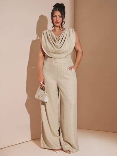SHEIN BAE Plus Size Apricot Suit, Shawl Collar, Maxi Wide Leg Pants,Women's Elegant Sleeveless Cowl Neck Top And Wide Leg Pants Two Piece Outfit
Chic Plus Size Drape Neck Sleeveless Blouse And Relaxed Fit Trousers Coordinates Set
Stylish Ladies Beige Two Piece Set Sleeveless Draped Top With High Waist Palazzo Pants