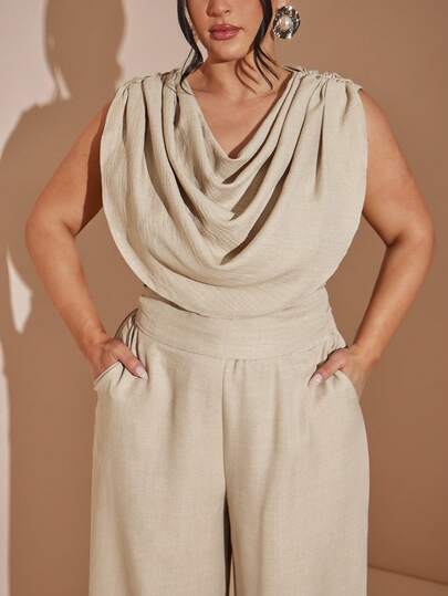 SHEIN BAE Plus Size Apricot Suit, Shawl Collar, Maxi Wide Leg Pants,Women's Elegant Sleeveless Cowl Neck Top And Wide Leg Pants Two Piece Outfit
Chic Plus Size Drape Neck Sleeveless Blouse And Relaxed Fit Trousers Coordinates Set
Stylish Ladies Beige Two Piece Set Sleeveless Draped Top With High Waist Palazzo Pants