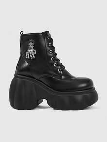 ROMWE Grunge Punk Giày sandal cao gót nữ ~ Thời trang mới 2026 Thu Đông phong cách Punk, chất liệu PU tối màu, mũi tròn, gót cao, đế xuồng, đế dày, buộc dây, bốt ngắn. - màu đen - Xem 1