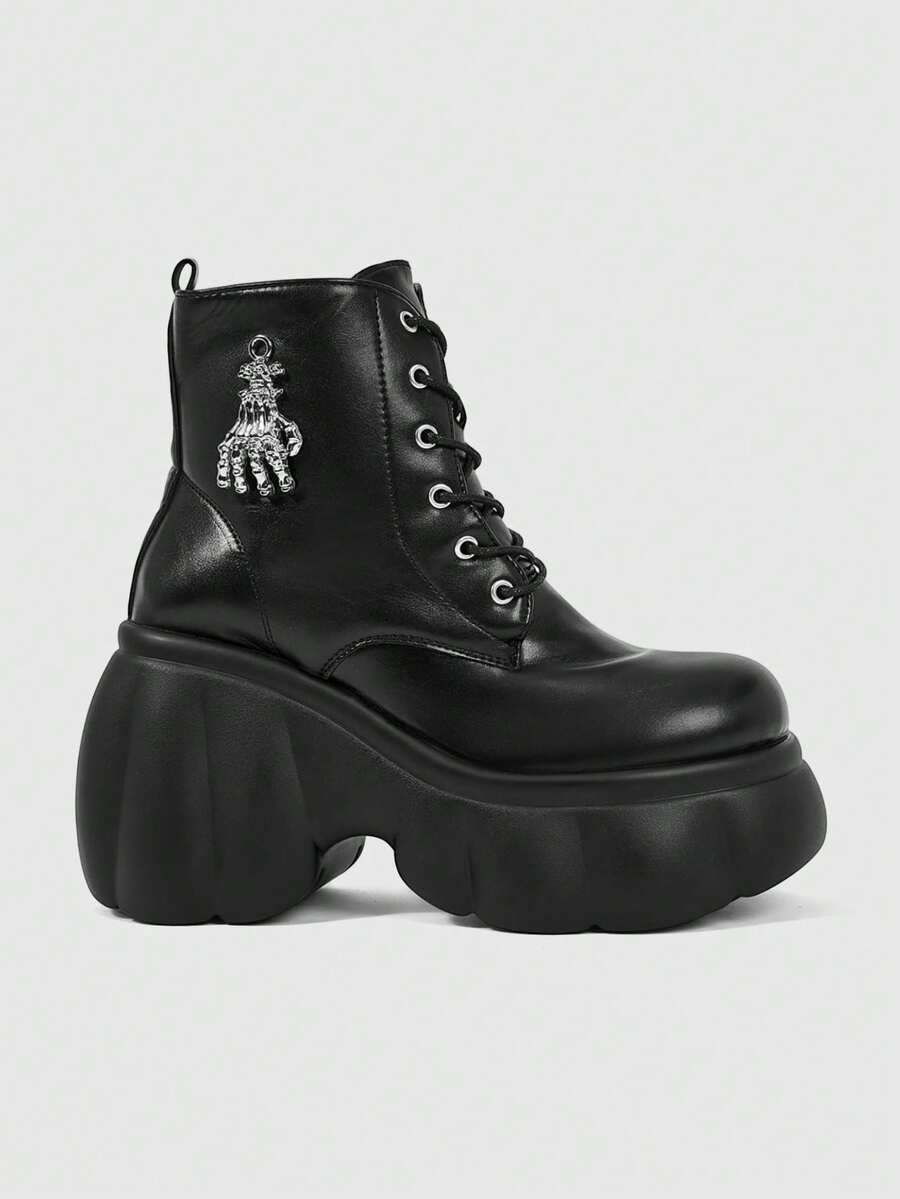 ROMWE Grunge Punk Giày sandal cao gót nữ ~ Thời trang mới 2026 Thu Đông phong cách Punk, chất liệu PU tối màu, mũi tròn, gót cao, đế xuồng, đế dày, buộc dây, bốt ngắn. - màu đen - Xem 1