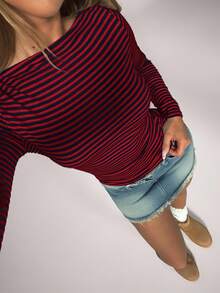 SHEIN Forever 21 Áo thun dài tay in họa tiết sọc thường ngày dành cho nữ - Đỏ - Xem 7