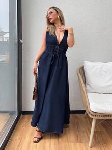 Jeta Ari 女式深V领无袖休闲牛仔裹身裙 - 藍色 - 查看 6