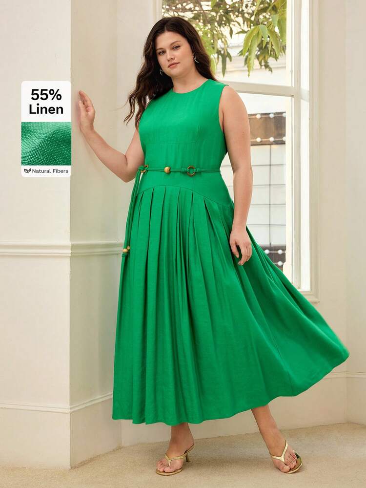 PLUS SIZE WOMEN'S ROUND NECK SLEEVELESS BELTED WAIST GATHERED DRESS, SPRING/SUMMER