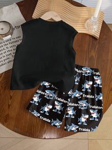 2pcs Toddler Boys' Shark Print Black Round Neck Vest And Shark Print Shorts Set, Casual Minimalist Street Style, Suitable For Outdoor Sports, Daily Wear, Spring, Summer, Autumn, Winter, Comfortable Outfit - Multicolor - View 5