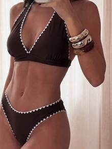 Costavie Bộ bikini hai mảnh buộc cổ kiểu dáng thường ngày dành cho nữ mùa hè, kiểu dáng casual, gồm bikini viền ren và quần tam giác, màu nâu, thích hợp cho đi biển. Bộ bikini 2 mảnh dành cho nữ, trang phục đi nghỉ mát cho nữ. - màu nâu - Xem 2