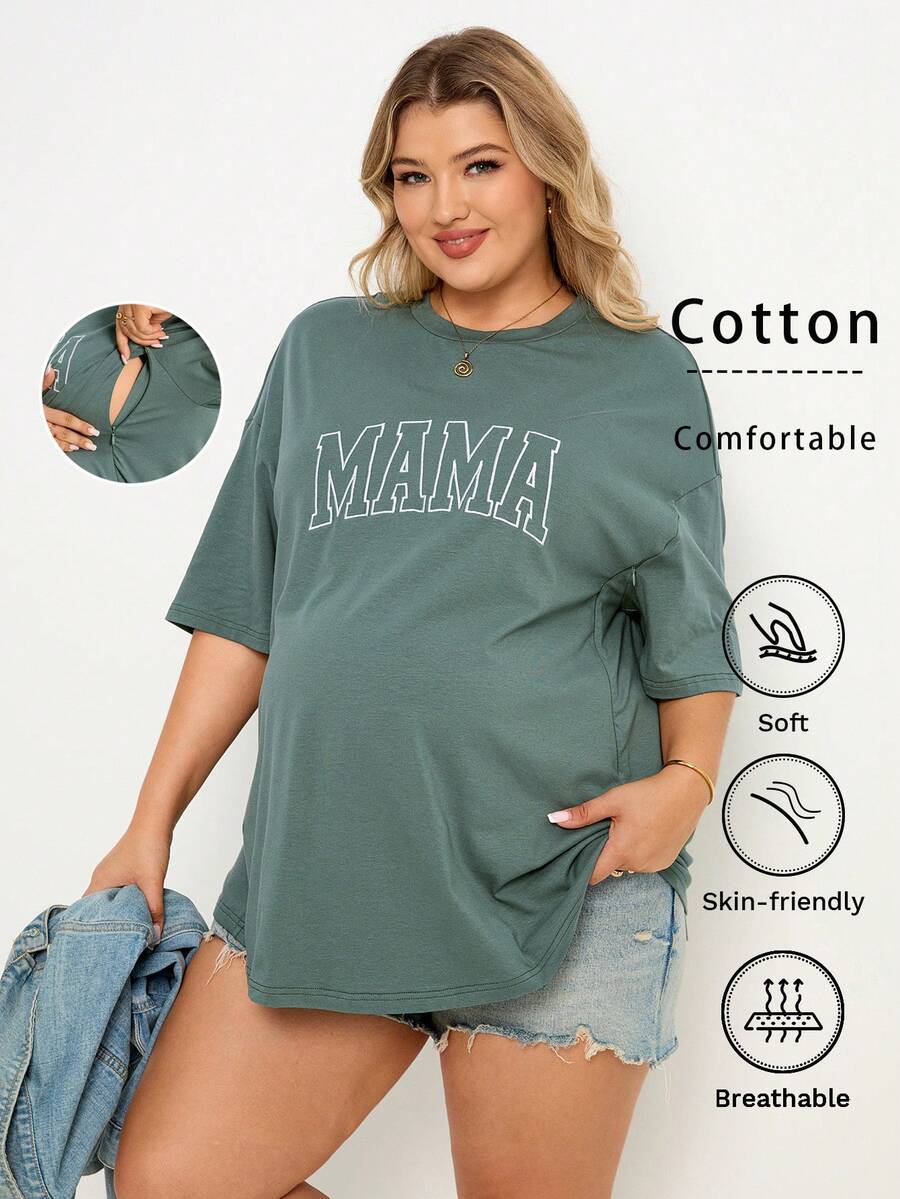 Plussiva Plus Size Pregnant Women Letter Print Zip-Up Nursing Function Round Neck Short Sleeve T-Shirt - Green - View 1